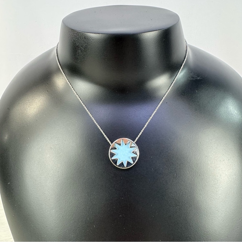 House of Harlow 1960 Pave Mini Blue Sunburst Necklace Silver Tone 9” chain